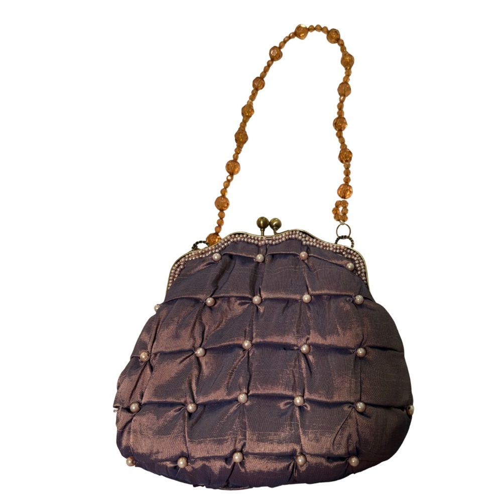 Vintage Satin Evening Bag with Amber Beaded Handle & Pearl Accents